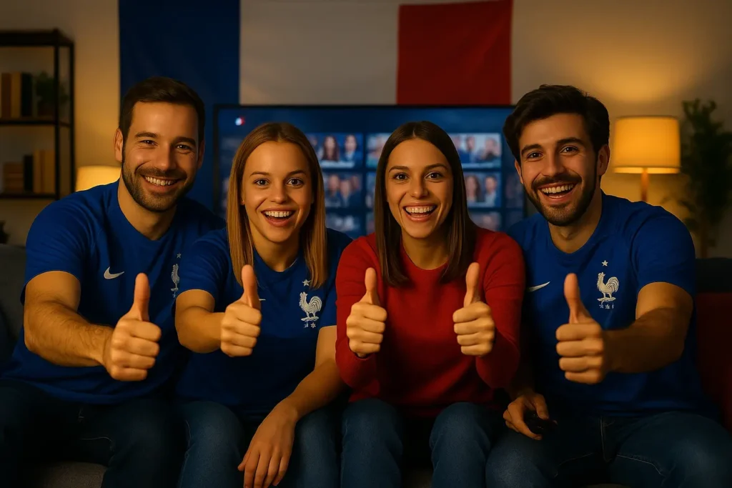 Jeunes supporters français regardant un match en direct grâce à leur abonnement IPTV France, souriants et enthousiastes devant la télévision.